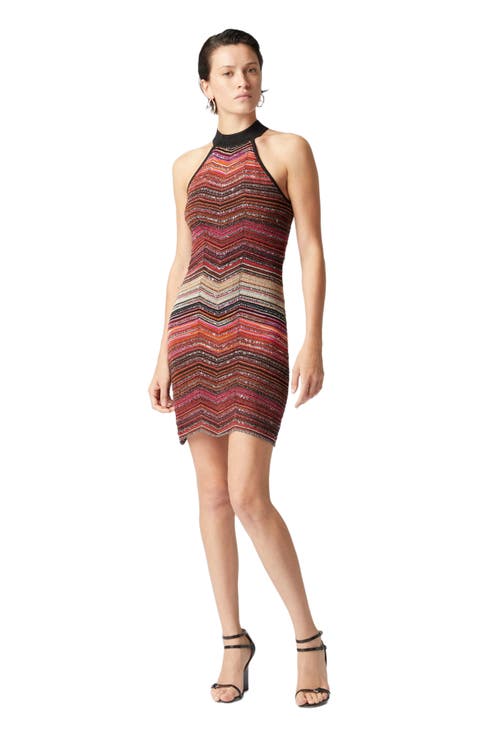 Short Sleeveless Chevron Lamé Dress With Sequins And Halter Neckline
