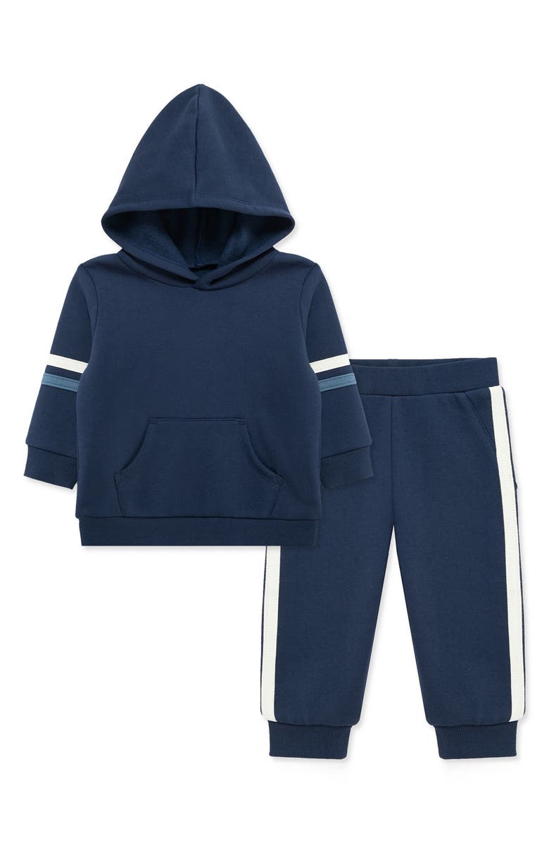 Little Me Stripe Sleeve Pullover Hoodie & Pants Set, Alternate, color, Navy