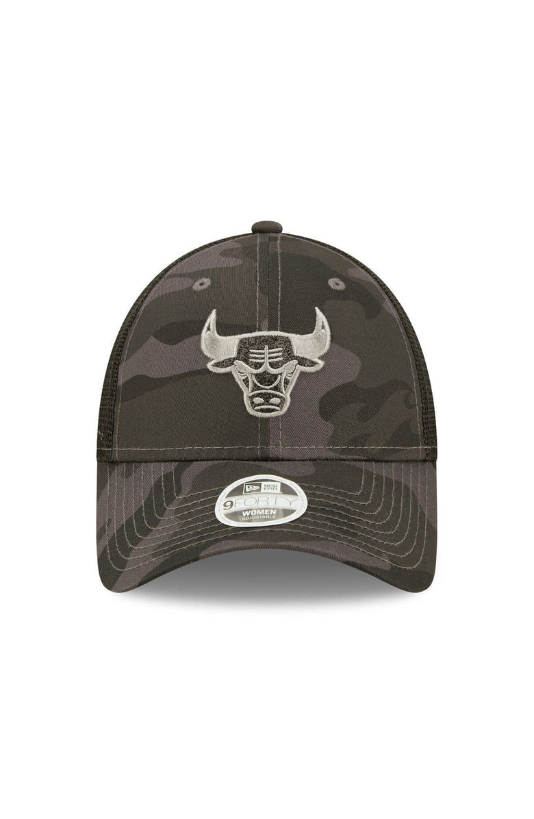 New Era Women's New Era  Charcoal Chicago Bulls Camo Glam 9FORTY Trucker Snapback Hat, Alternate, color, 