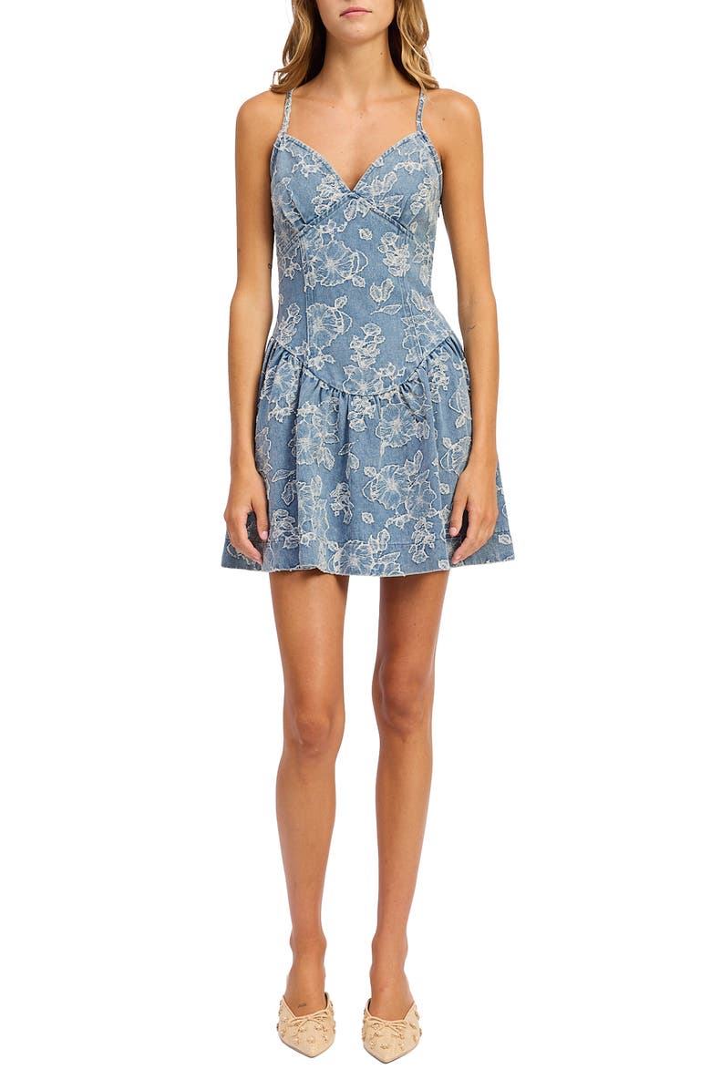En Saison Opal Floral Appliqué Denim Minidress, Main, color, Medium Wash Denim