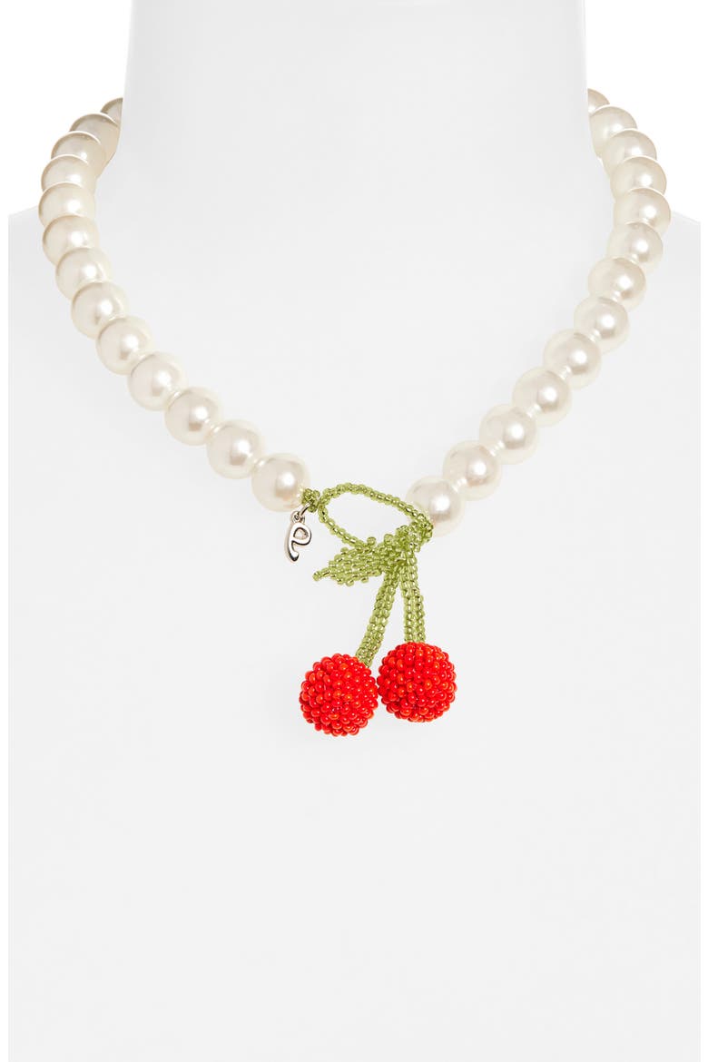 Mother of Cherry Faux Pearl Necklace, Alternate, color, PEARL / RED / GREEN
