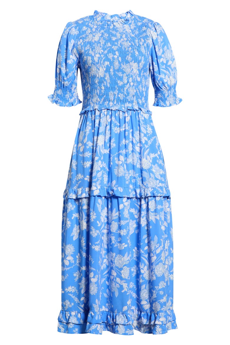 Odella Floral Analisa Smocked Midi Dress, Alternate, color, BLUE-WHITE