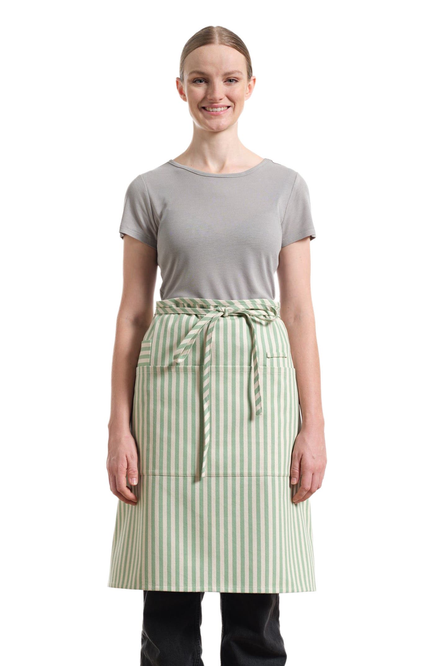 Meema Bistro Apron with Pockets - Striped in Sage Green 