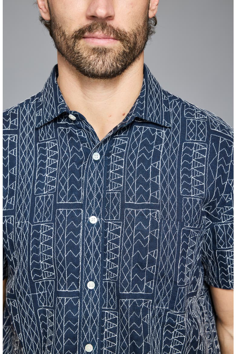 Geo Stitch Short Sleeve Linen Sport Shirt, Alternate, color, BLUE