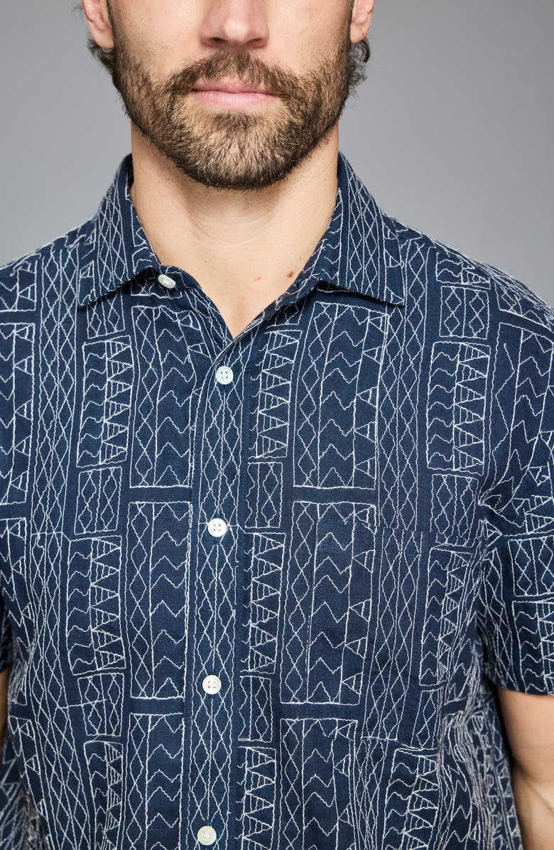 Billy Reid Geo Stitch Short Sleeve Linen Sport Shirt, Alternate, color, Blue