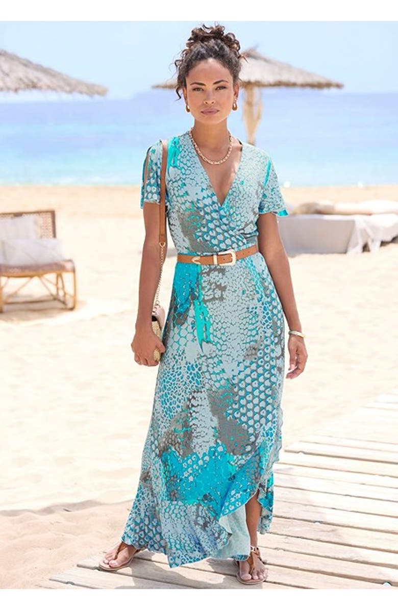 LASCANA Women's Printed Side Slit Maxi Dress, Alternate, color, Blue Multi