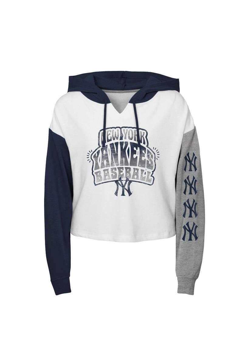 Outerstuff Girls Youth White New York Yankees Color Run Cropped Hooded Sweatshirt, Main, color, 