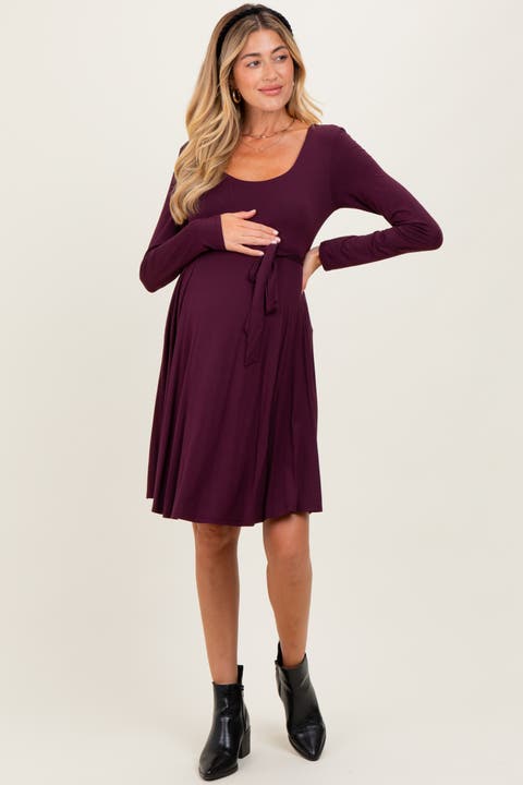 Scoop Neck Long Sleeve Waist Tie Dress