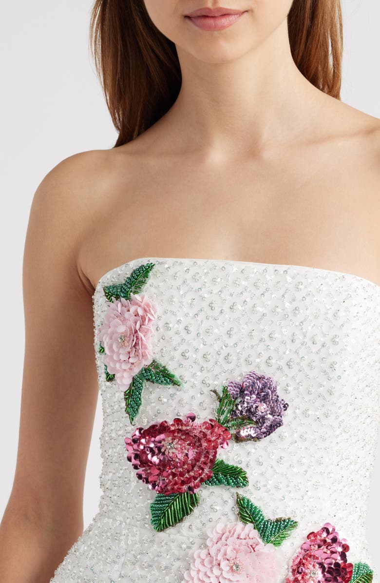 HELSI Frida Floral Appliqué Sequin Strapless Cocktail Minidress, Alternate, color, White