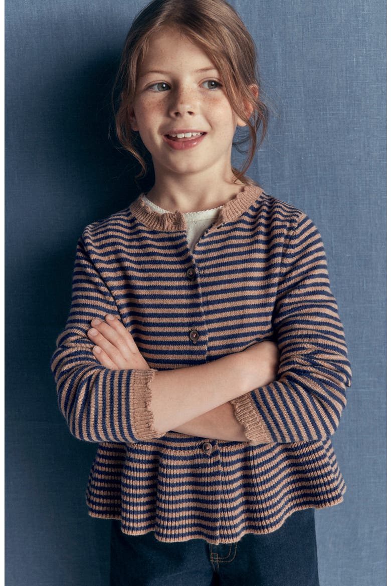 Kids' Pretty Peplum Cardigan, Alternate, color, CAMEL/ COLLEGE NAVY STRIPE