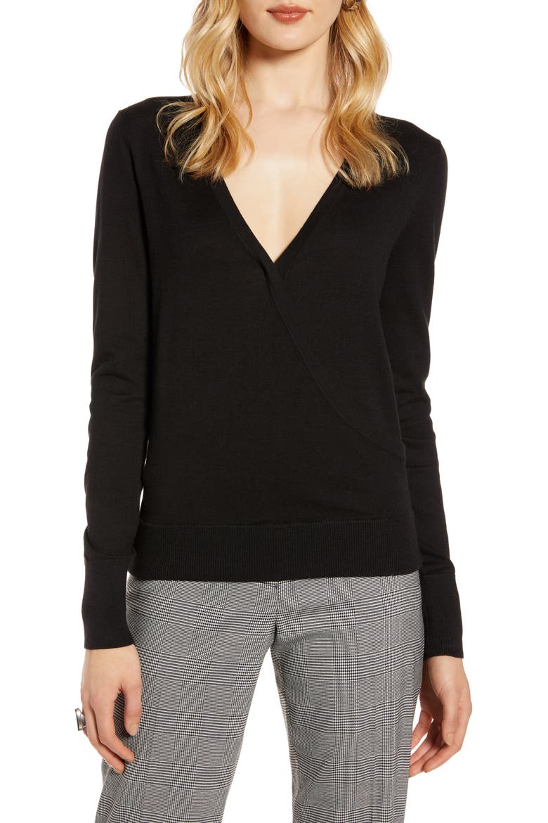 Faux Wrap Sweater, Main, color, BLACK