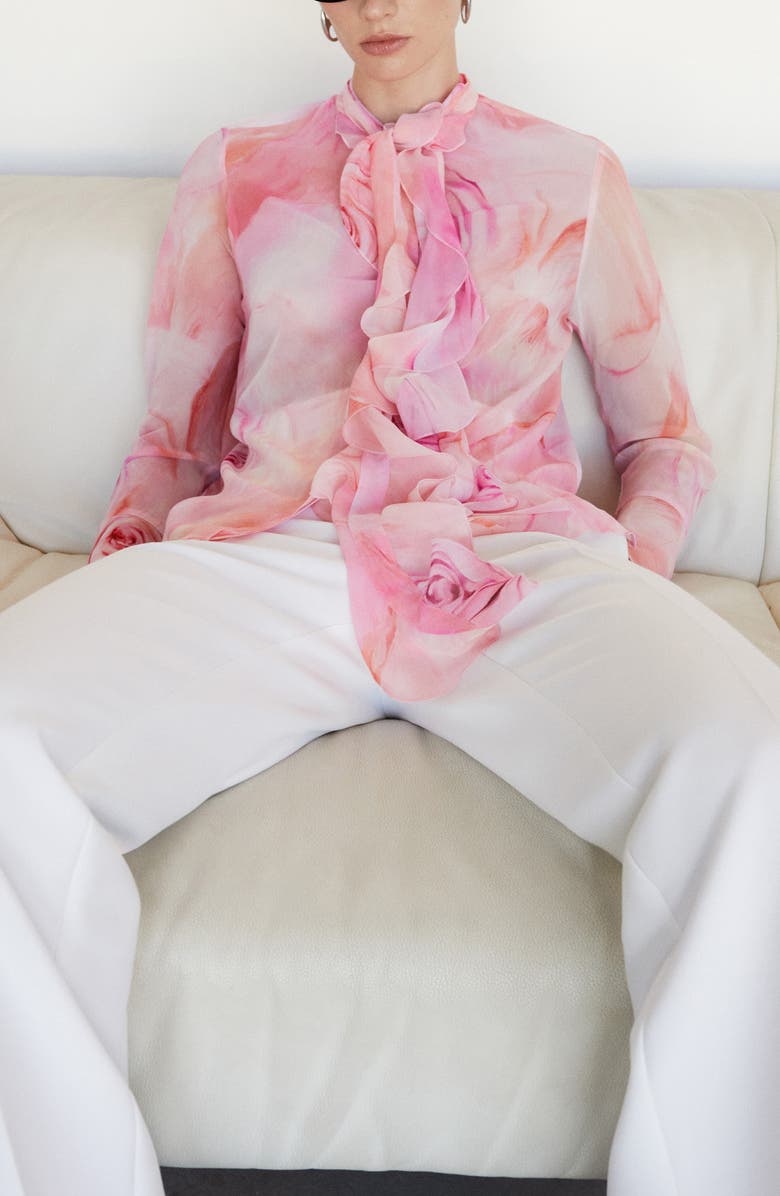 MANGO Floral Ruffle Tie Neck Button-Up Top, Alternate, color,