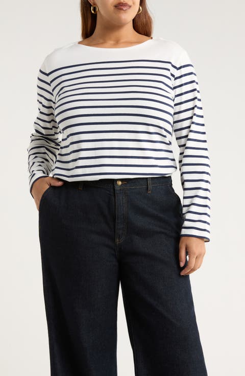 Sailor Stripe Long Sleeve Organic Cotton T-Shirt (Plus)