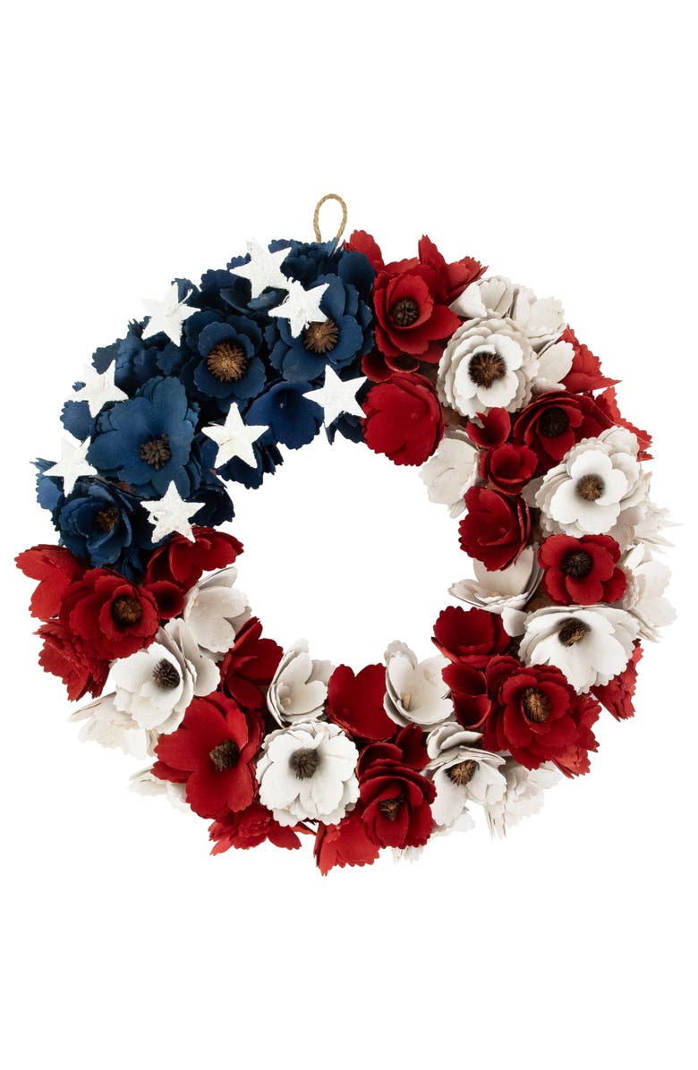 Northlight Wooden Roses Floral Flag Patriotic Wreath - 15", Main, color, 
