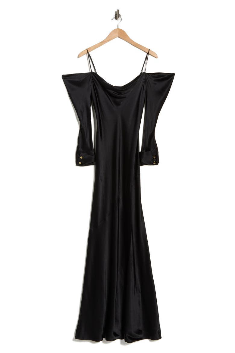 Melly Cold Shoulder Long Sleeve Silk Dress, Alternate, color, BLACK