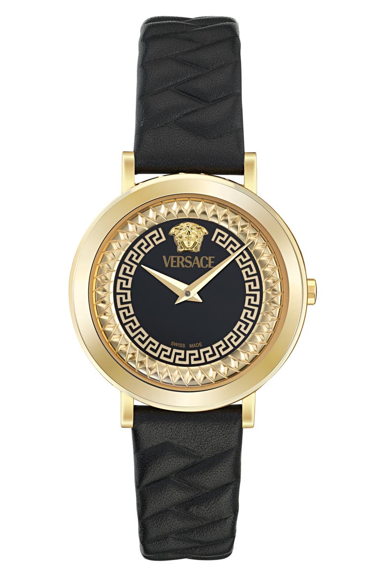 Delphinus Leather Strap Watch, 35mm, Main, color, YELLOW GOLD