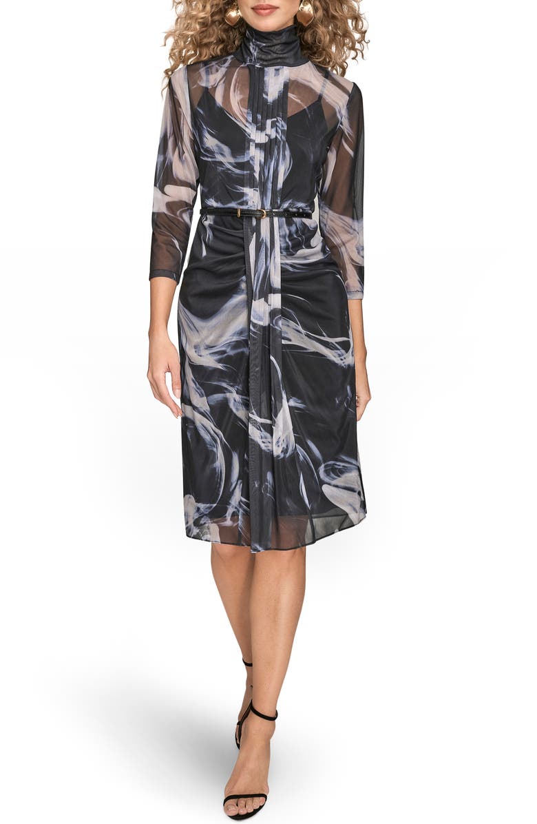 Donna Karan New York Swirl Print Sheer Overlay Dress, Main, color, Black/ Vapor Multi