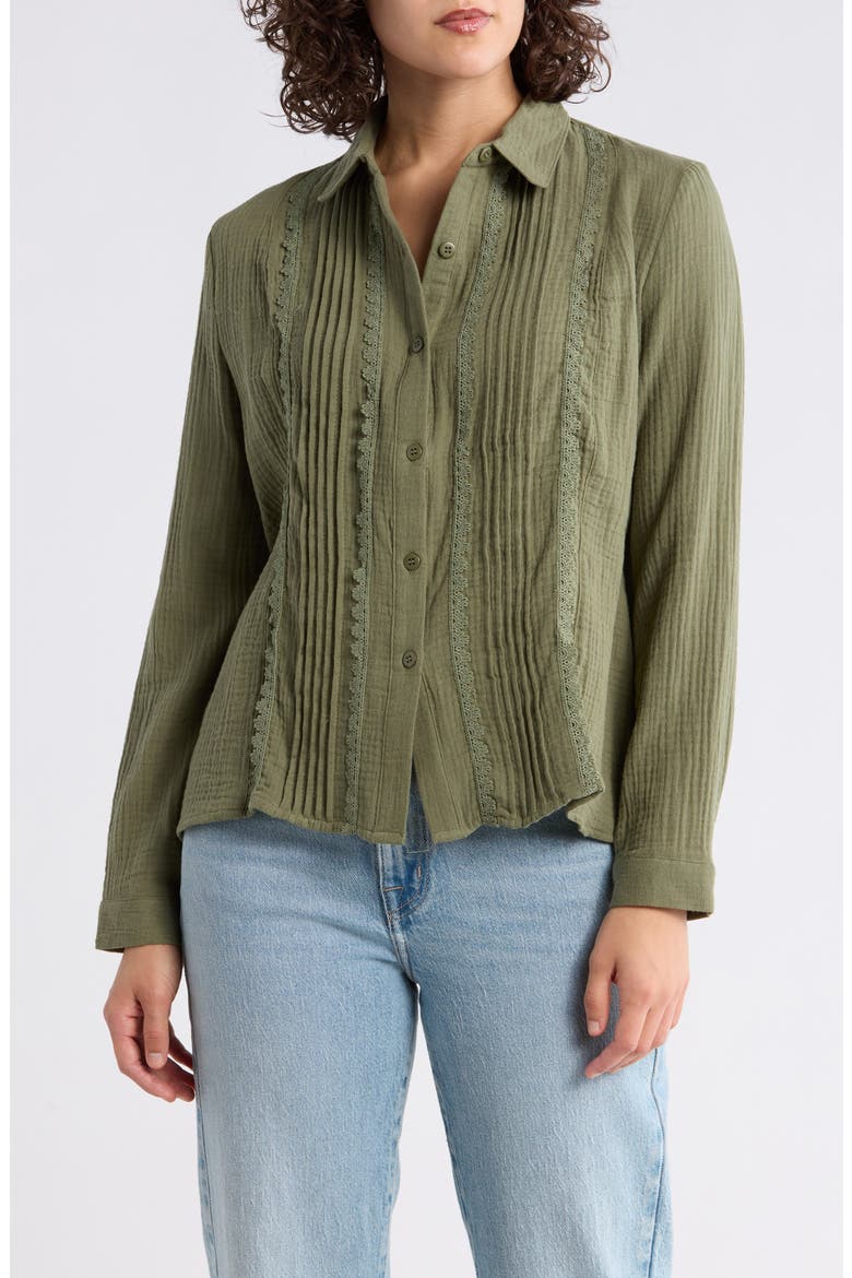 Front Pleat Button-Up Shirt, Main, color, OLIVE