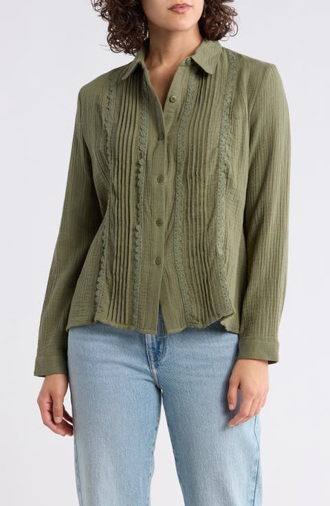 Front Pleat Button-Up Shirt