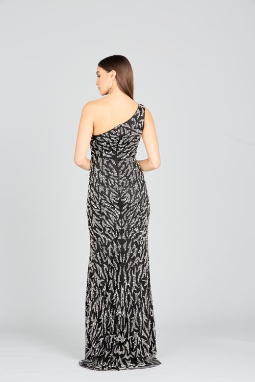 Lara New York One-shoulder Beaded Gown With High Slit In Blacksilver