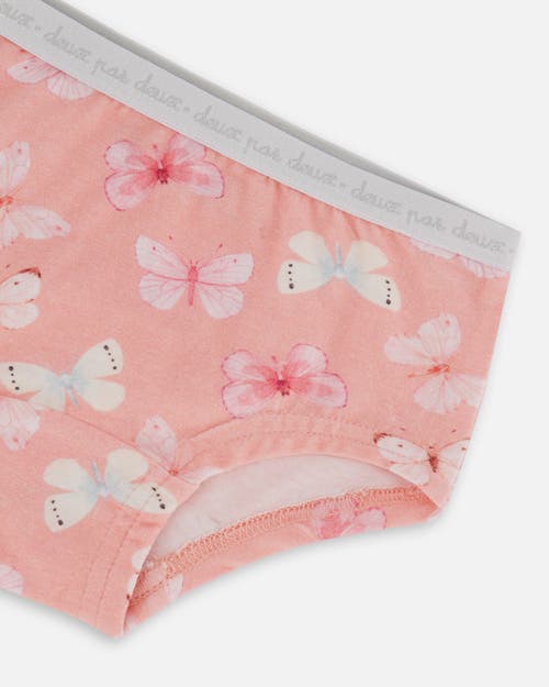 Deux Par Deux Girl's Printed Organic Cotton Boyshort Panty Pink And Blue Butterflies On Old Pink In Pink And Blue Old Pink