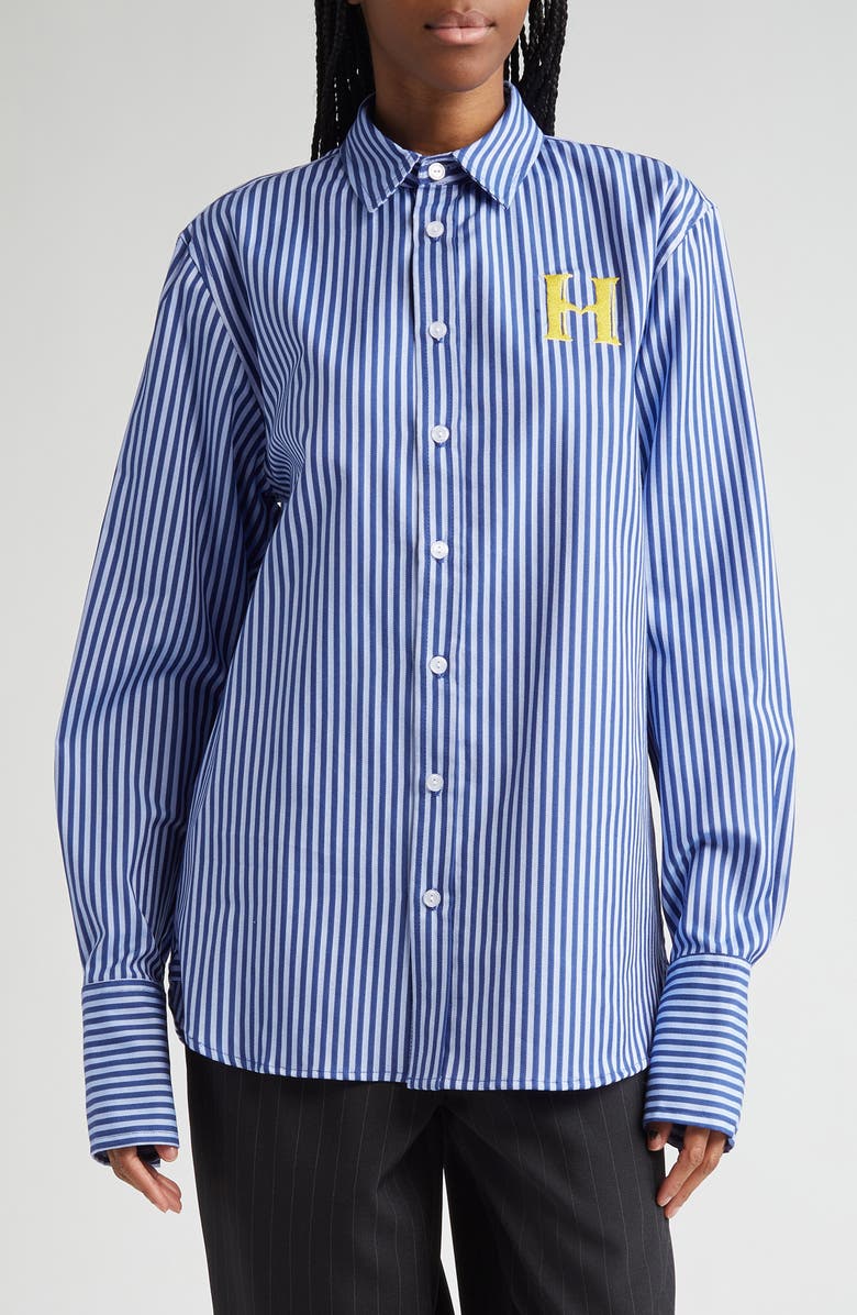 HOUSE OF AAMA Embroidered Stripe Button-Up Shirt, Main, color,