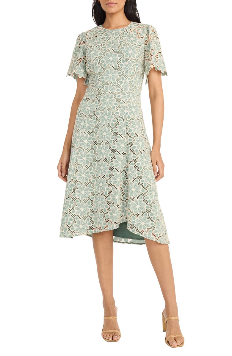 Maggy London Floral Lace High-Low Midi Dress, Main, color, Green/ Cream