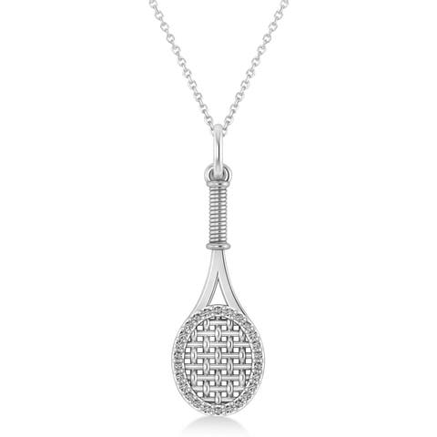 Diamond Accented Tennis Racket Pendant Necklace 14K