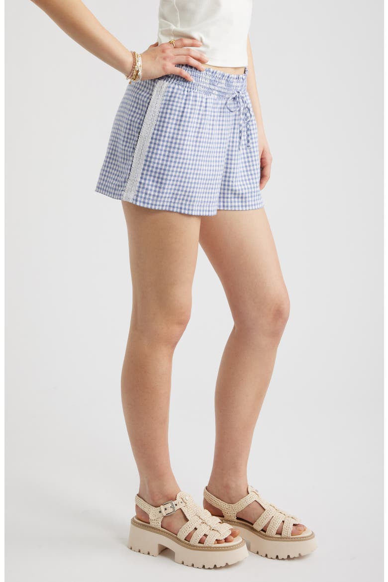 Linen Blend Lace Trim Shorts, Alternate, color, BLUE- WHITE DEMI GINGHAM