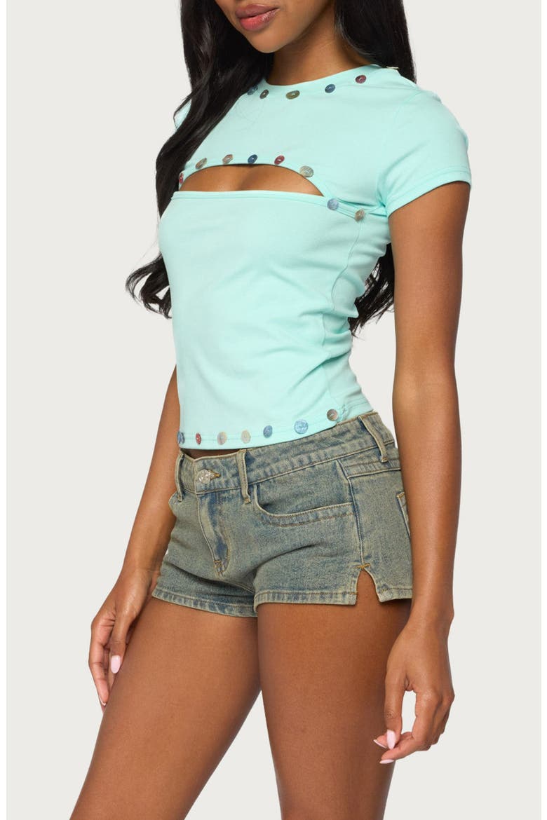Suda Cutout Iridescent Button Tee, Alternate, color, AQUA