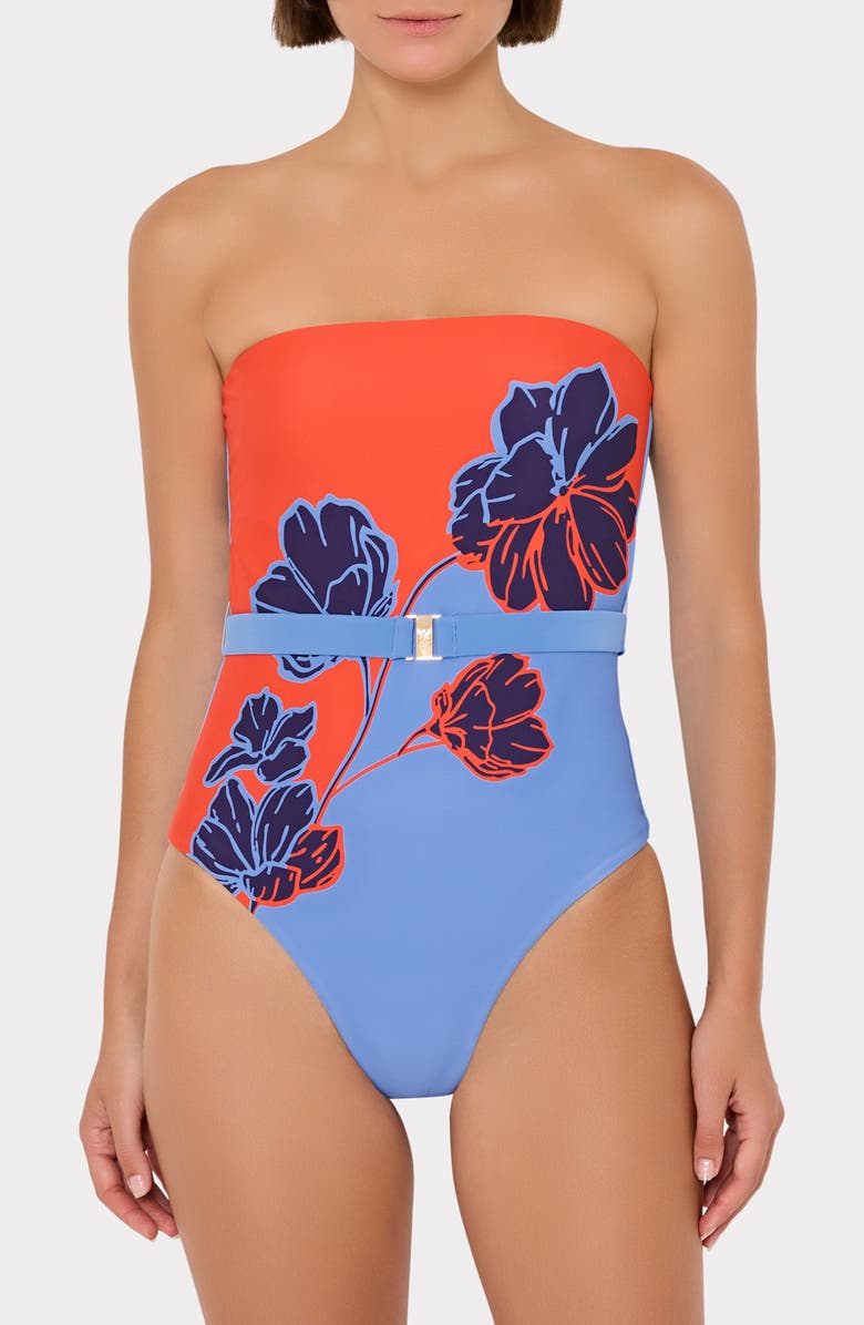 Milly Skewed Petal Strapless One-Piece Swimsuit, Main, color,