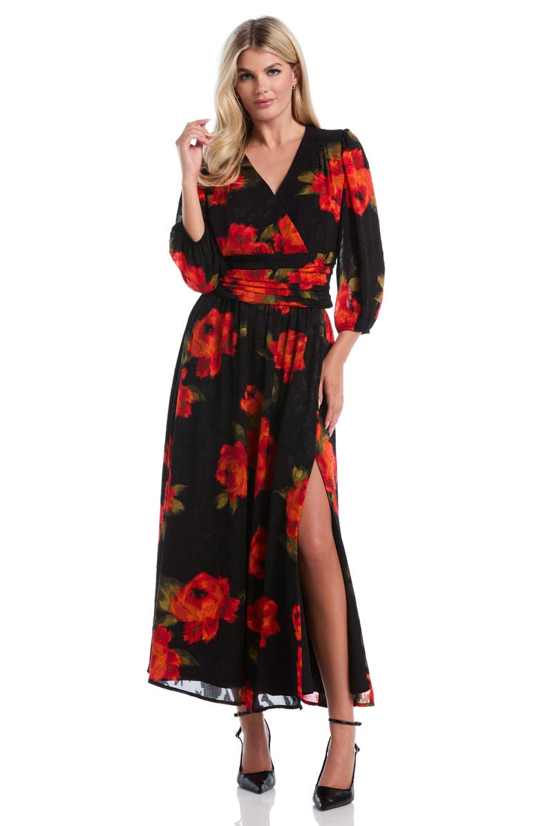 Laundry by Shelli Segal Rose Print Thigh Slit Maxi Skirt, Alternate, color, Flame Scarlet