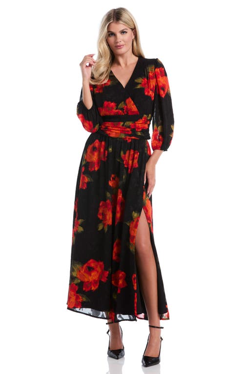 Laundry By Shelli Segal Rose Print Thigh Slit Maxi Skirt In Black