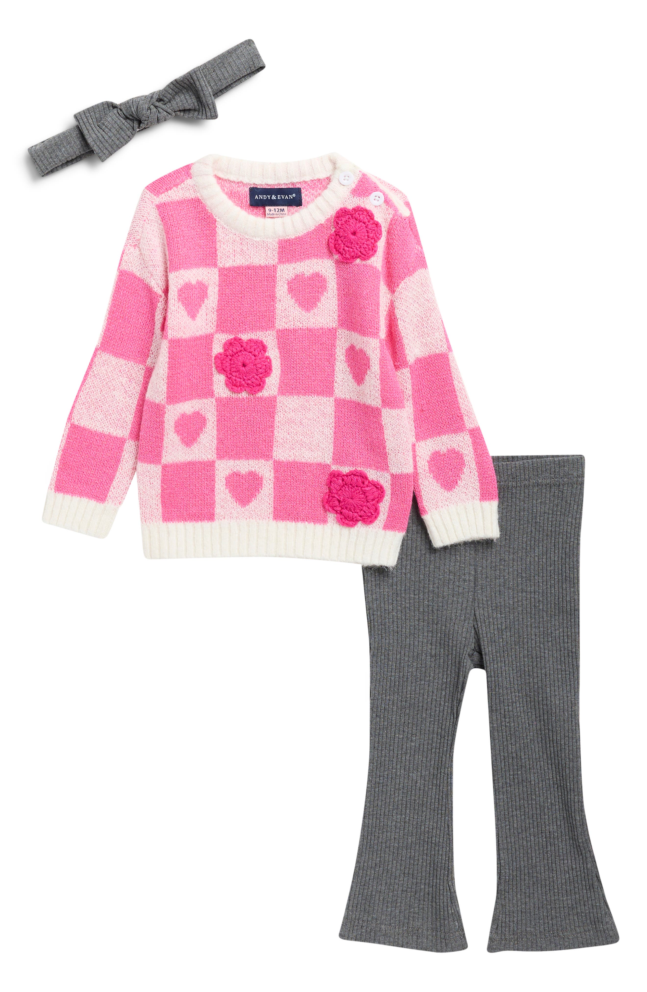 Check Sweater, Flared Leggings & Headband Set