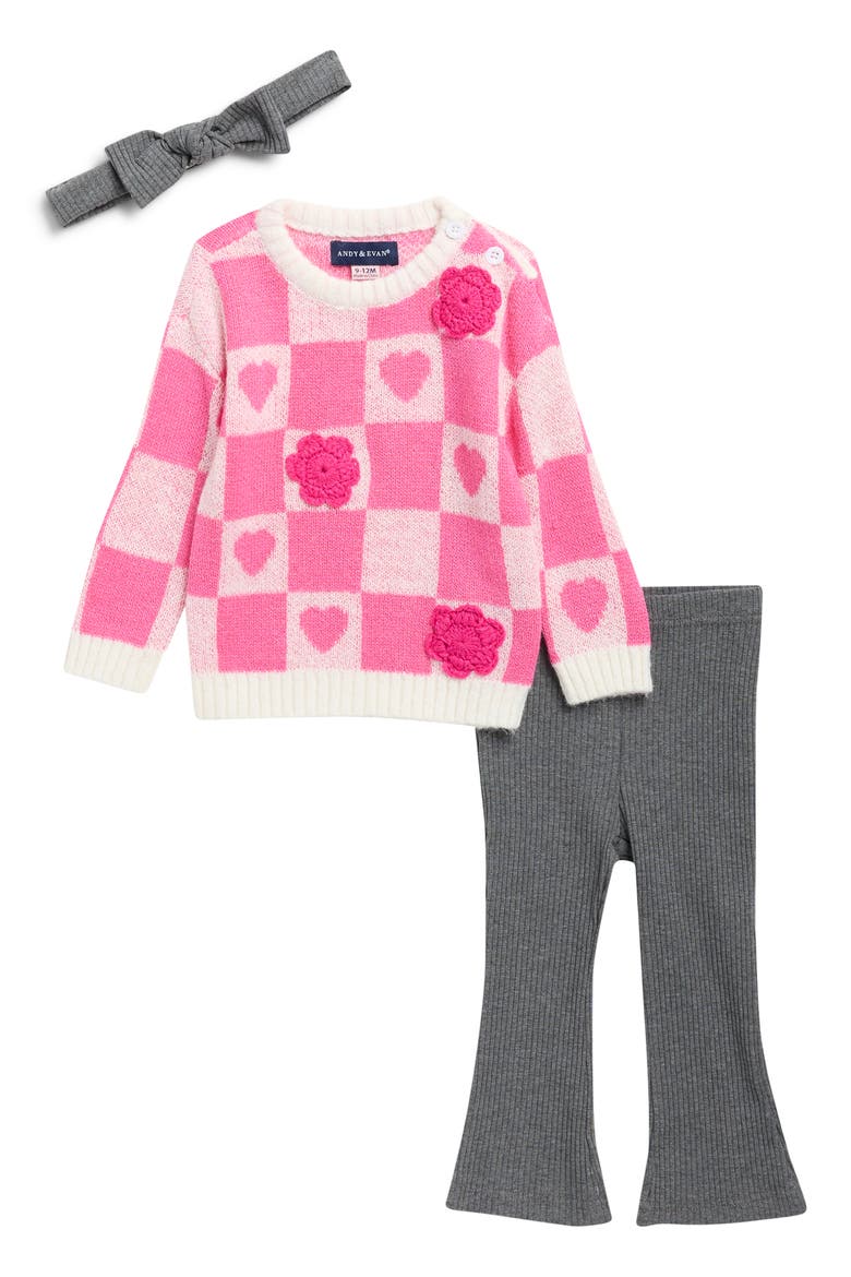 Check Sweater, Flared Leggings & Headband Set, Main, color, WHITE HEARTS