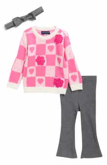 Check Sweater, Flared Leggings & Headband Set