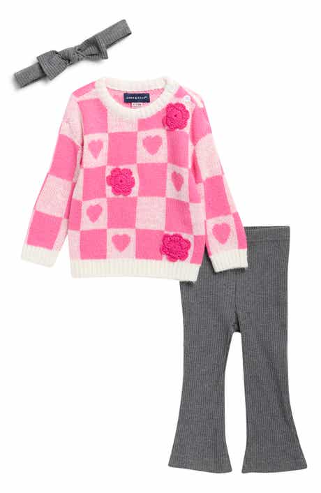 Check Sweater, Flared Leggings & Headband Set