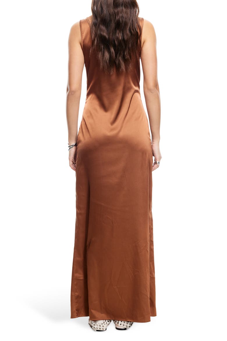 Simi Lace Trim Satin Maxi Dress, Alternate, color, UMBER