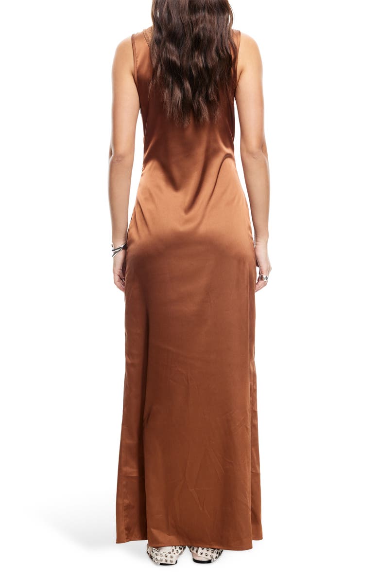 LIONESS Simi Lace Trim Satin Maxi Dress, Alternate, color, Umber
