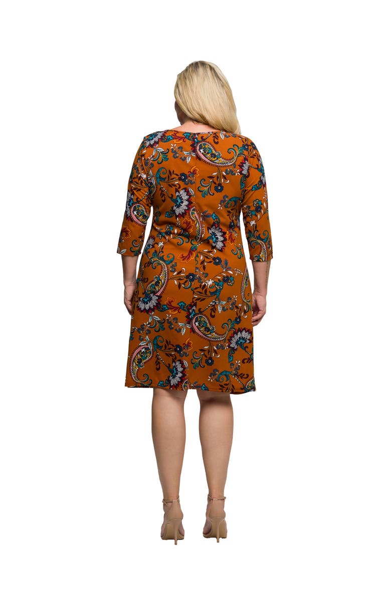 24seven Comfort Apparel Plus Size Elbow Sleeve Ruched Tulip Fall Print Mini Dress, Alternate, color, Orange Multi