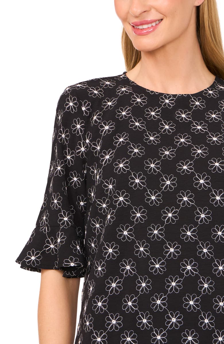 CeCe Floral Embroidered Ruffle Cuff Top, Alternate, color, Rich Black
