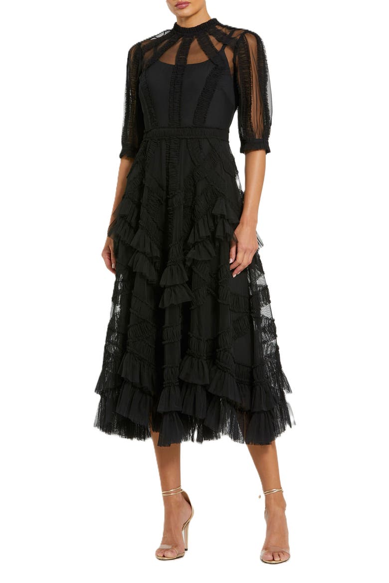 High Neck Puff Sleeve Ruffle Tiered Midi Dress, Main, color, Black