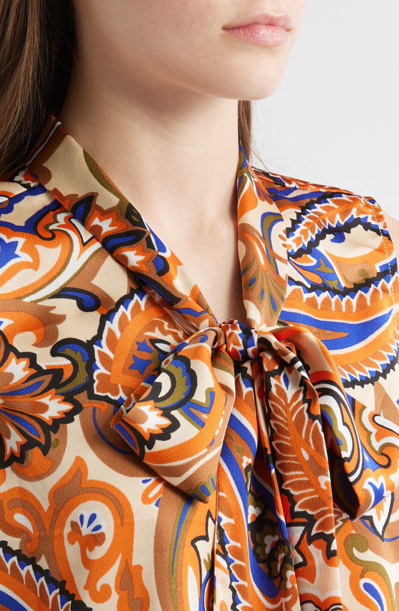 Tahari ASL Print Tie Neck Sleeveless Top, Alternate, color, Camel Royal Paisley