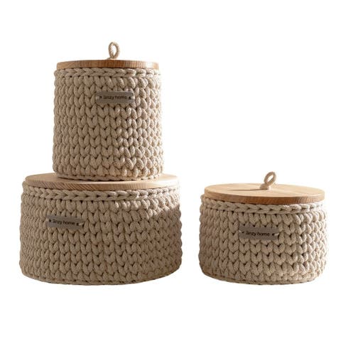 Round Storage Baskets w/ Wooden Lid Recycled - Set of 3