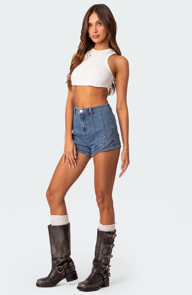 EDIKTED Fernanda Curved Hem High Waist Denim Shorts, Alternate, color, 