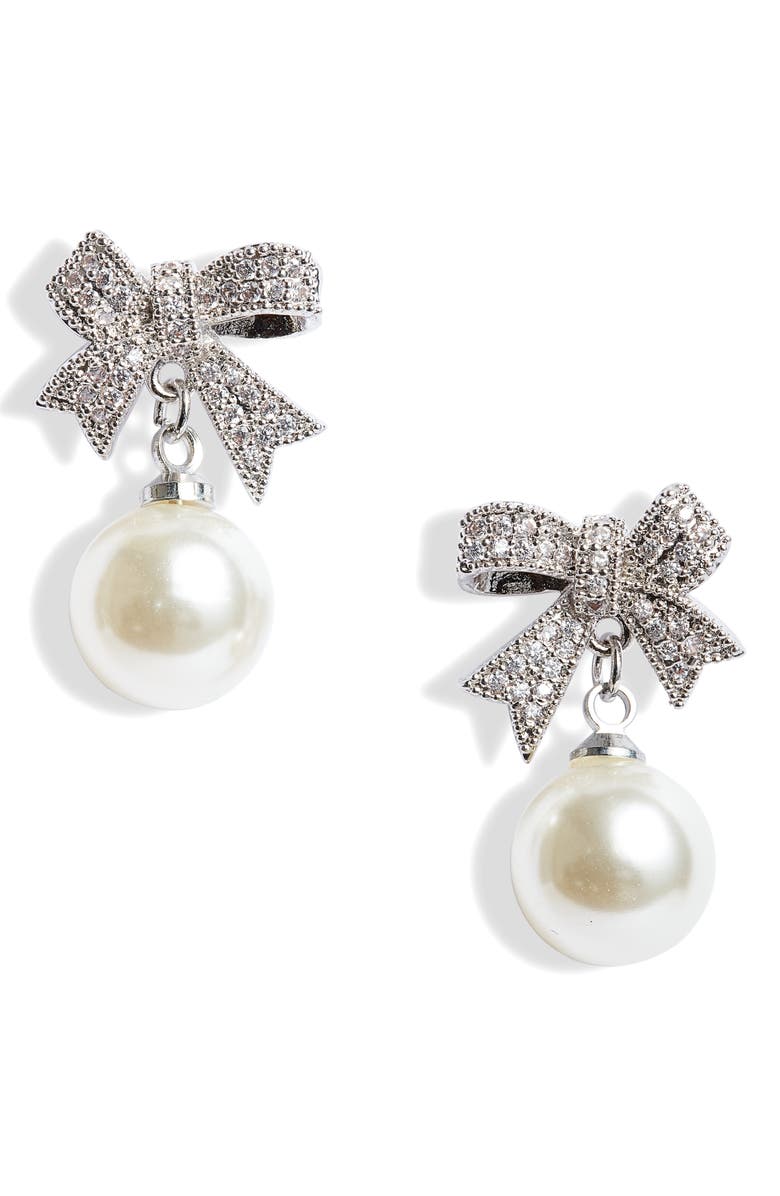 CRISTABELLE Imitation Pearl Bow Earrings, Main, color, 
