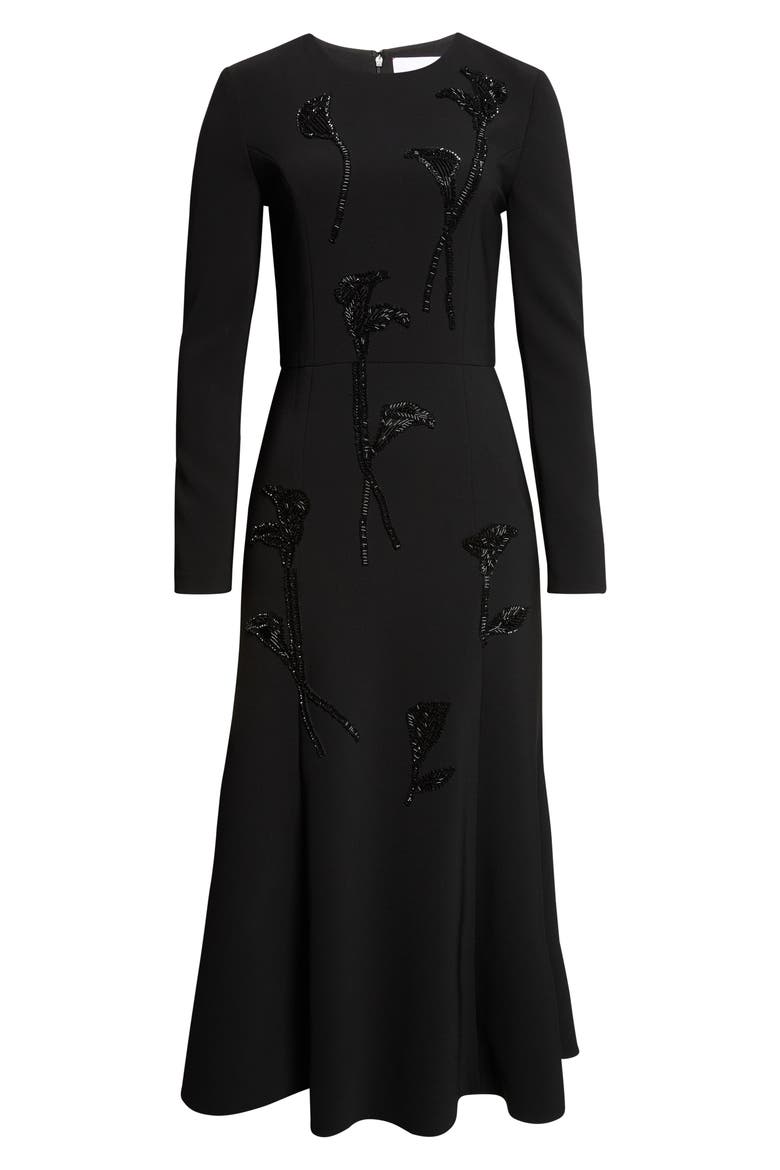 Beaded Long Sleeve Midi Dress, Alternate, color, BLACK