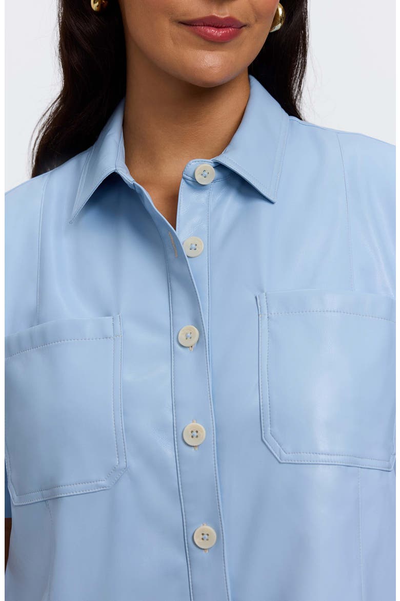 Demi Elbow Sleeve Faux Leather Button-Up Shirt, Alternate, color, SKY BLUE