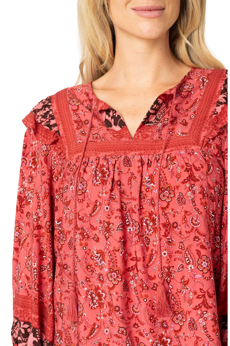 Harvest Moon Border Print Tie Neck Top, Alternate, color, BURGUNDY SPICE BORDER PRINT
