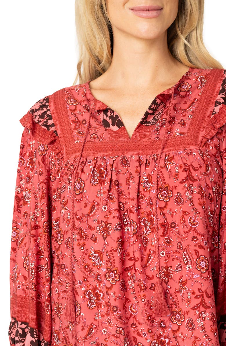 GIBSONLOOK Harvest Moon Border Print Tie Neck Top, Alternate, color, Burgundy Spice Border Print